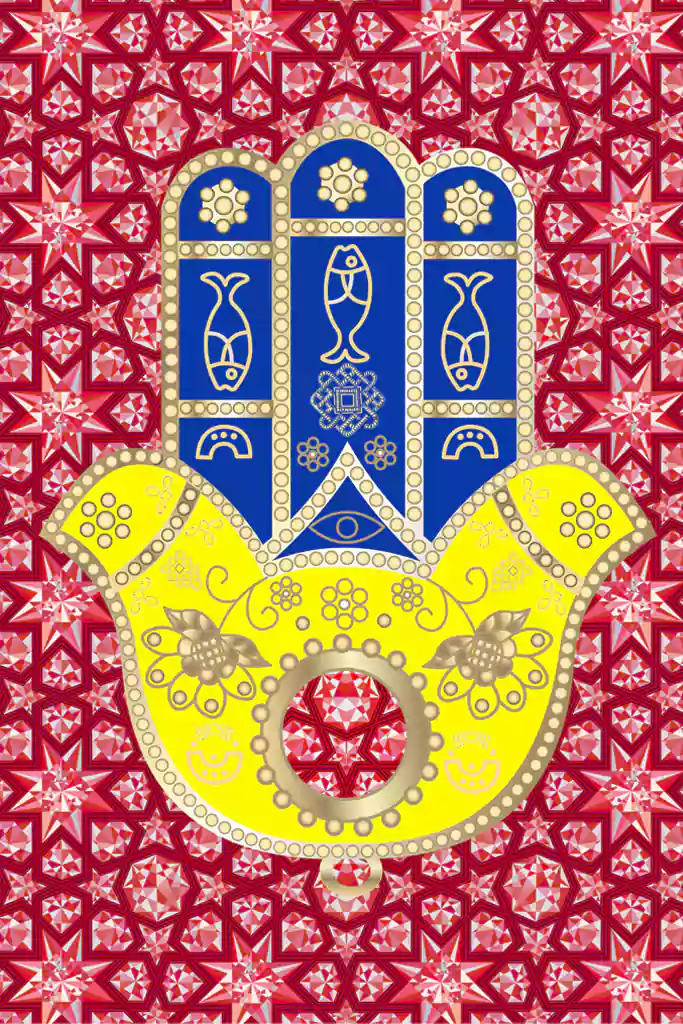 Hamsa amulet textile print with crystallized Islamic geometric art, minted as a digital NFT on Ethereum.